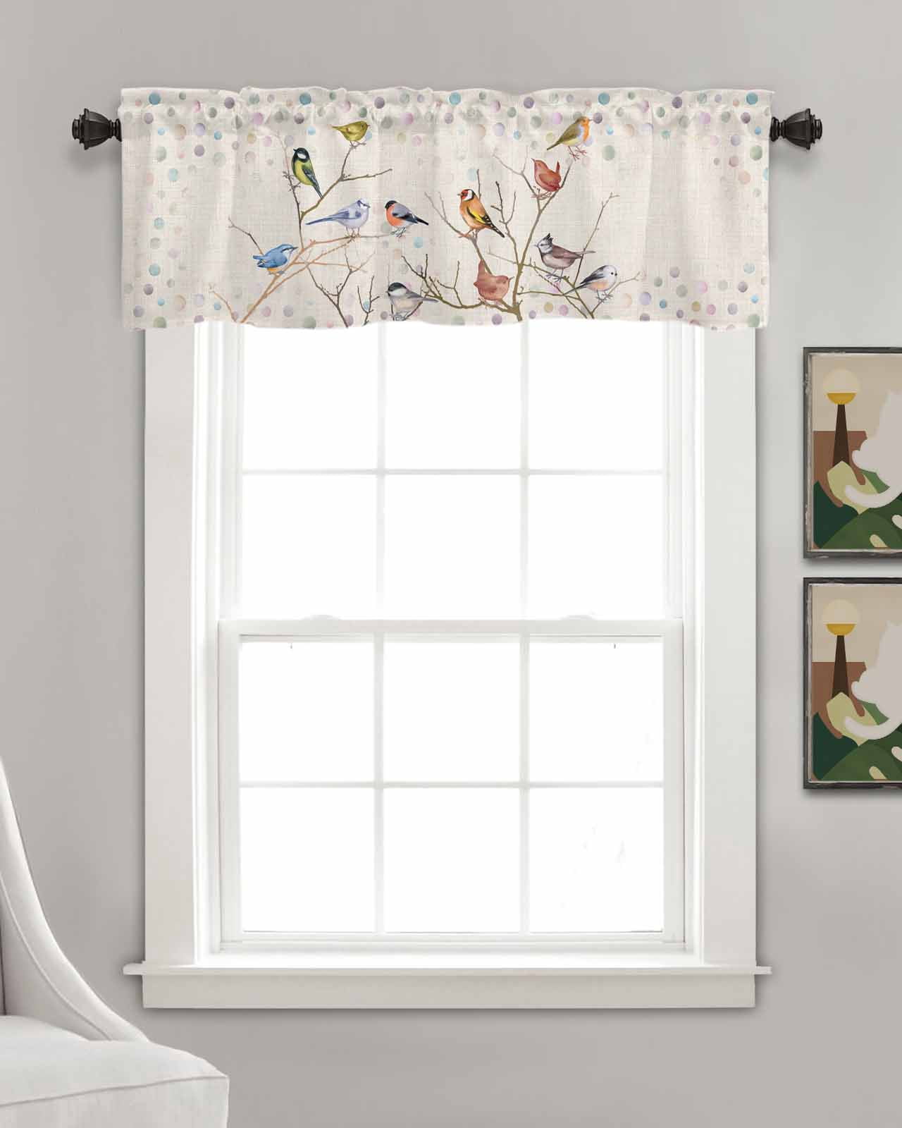 Birds Beige Linen Curtain Valance for Bedroom/Bathroom/Kitchen/Office/Living/Dining Room Window,Boho Vintage Tree Branch Bohemia Ombre Dots Pocket Topper Drapes Decorative Cafe Drapery Panel 42"x18"