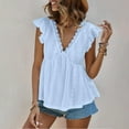 thumbnail image 5 of Cute Summer Tank Tops Womens V Neck Lace Trim Sleeveless Ruffled Babydoll Blouse Solid Color Beach Vacation Outfits (S, Light Blue), 5 of 8