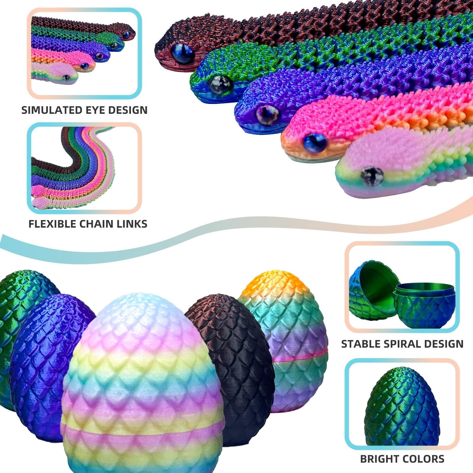 5PCS 3D Printed Snake Eggs 3D Printed Snake 3D Printed Snake Set Easter Eggs Articulated Snake Easter Basket Stuffers Mystery Snake Egg Fidget 3D Printed Animals