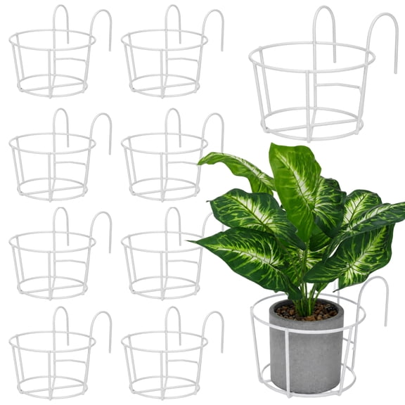 10 Pcs Round Hanging Railing Planters, 6.3" Reinforced Metal Hanging Baskets, Fence Plant Hangers, Heavy-duty Flower Pot Holders for Balcony, Patio, Porch Railing, White