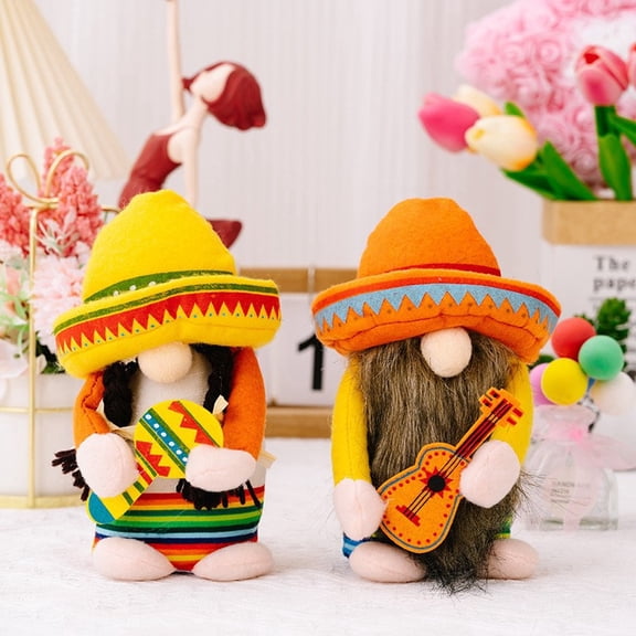 Janrevotw 2pcs Festive Gnomes Mardi Gras Mexico, Hawaiian Style Straw Hat Statue Doll Decorations Home Party Kitchen Tiered Tray Decorations