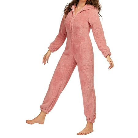 

One Opening Women S Warm Plush Romper Winter Pajamas Zipper Hooded Jumpsuit