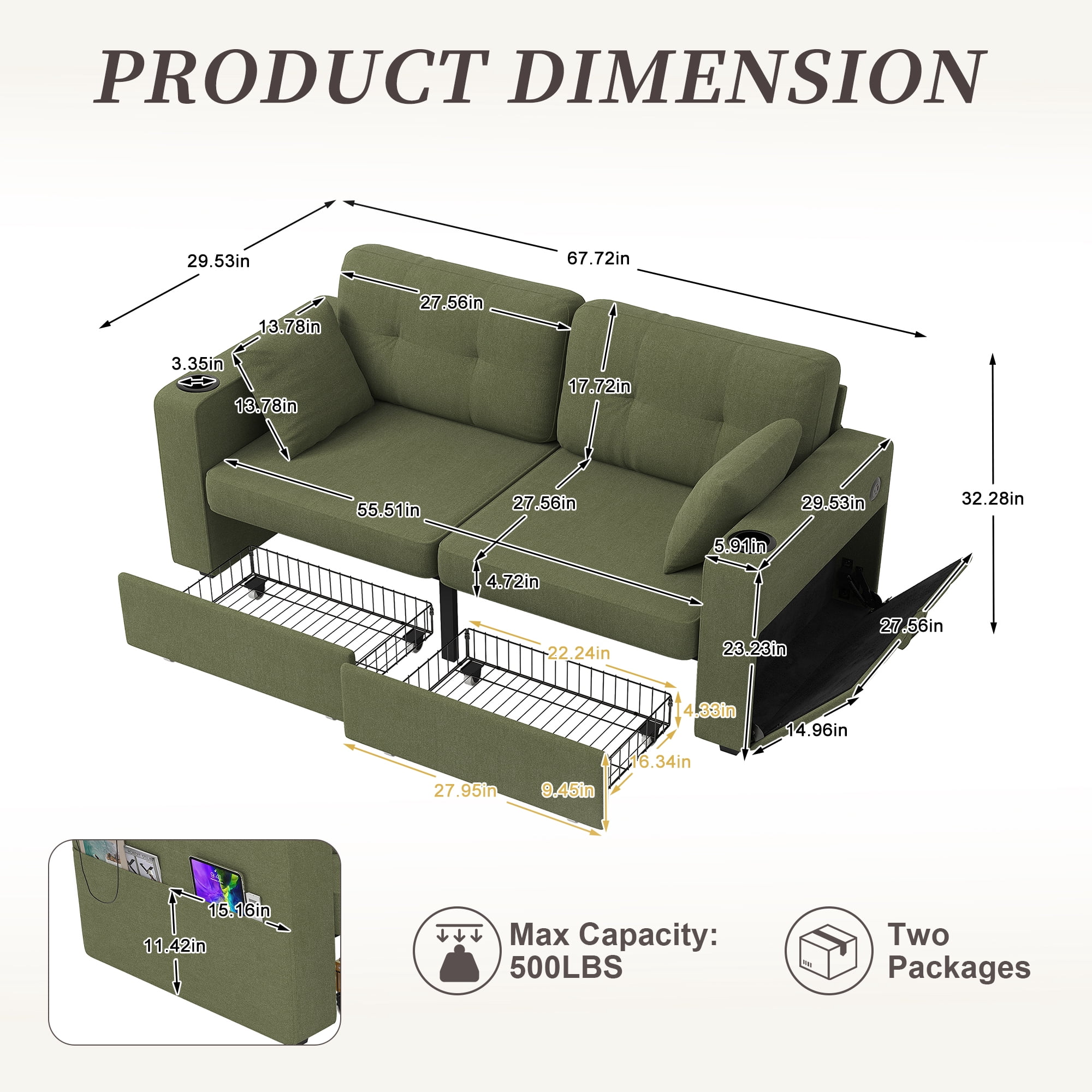 MOONMISS 68" Chenille 3 Seater Sofa Deep Seats,Wood Frame with Storage,USB Charging and Cup Holder,Olive