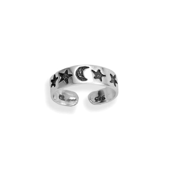 925 Sterling Silver Oxidized Celestial Moon and Stars toe ring Adjustable Star Design is 4.8mm Wide toe ring for Women