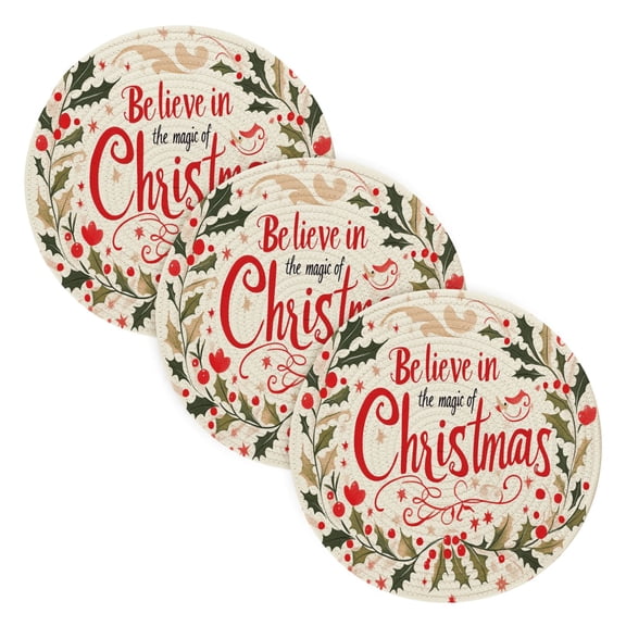 BZSMCE Mats for Pots,Pans Place Red Merry Christmas Elegant Wreath Simple Style Pattern Pot Mats