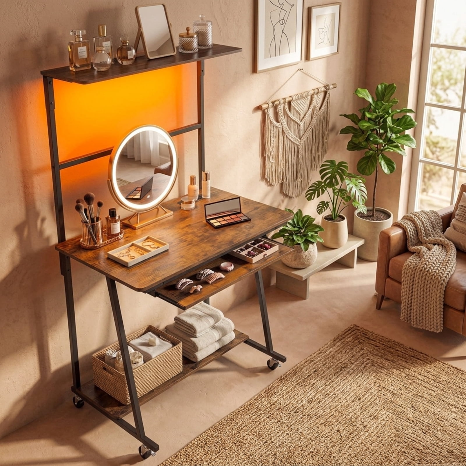 Furnibear Small Computer Desk with Charging Station, Rolling Home Office Desk with LED Lights and 4-Tier Storage for Bedroom Dorm, Rustic Brown