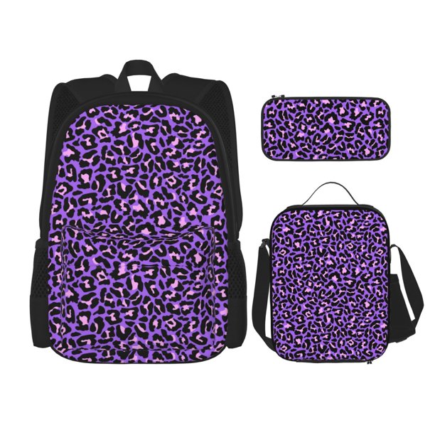 Disketp Purple Leopard Mochila Estampada de Gran Capacidad con Lonchera y Estuche, Set de 3 Piezas para Estudiantes