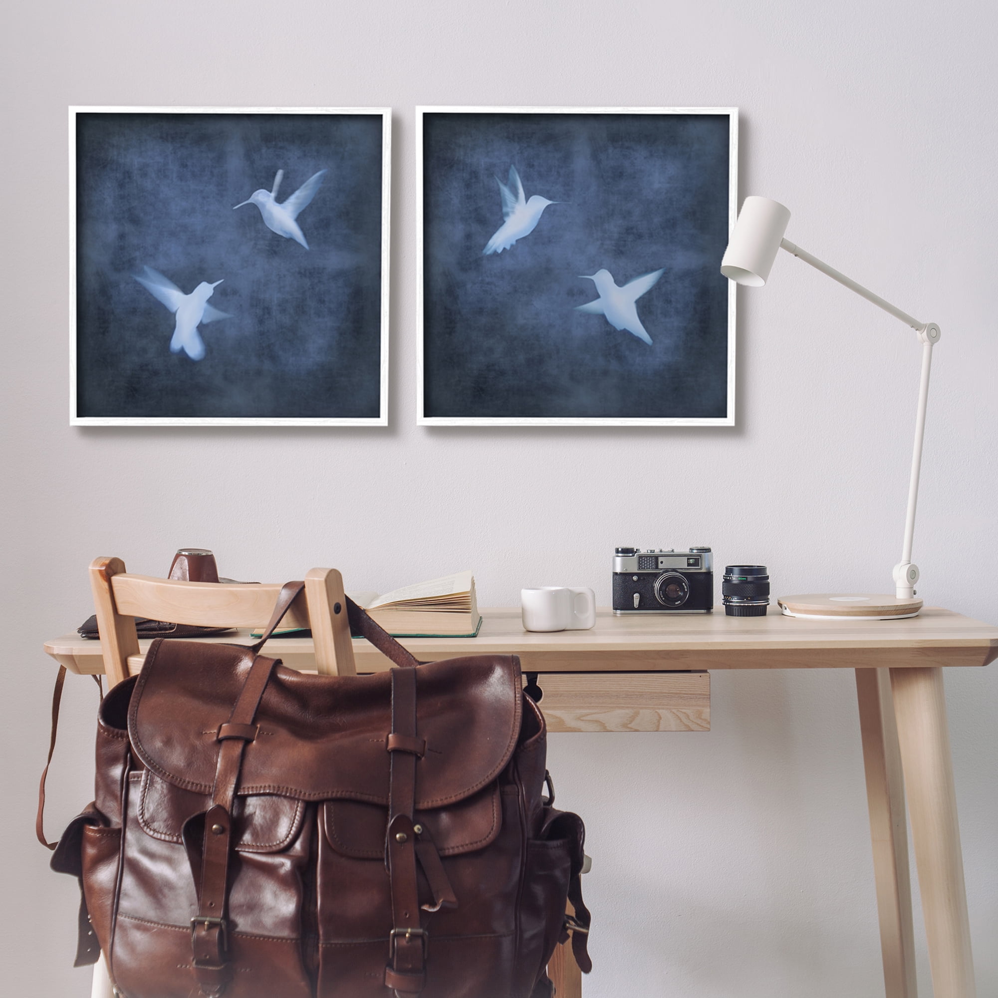Stupell Modern Blue Birds Flying Silhouettes Animals & Insects Painting White Framed Art Print Wall Art, Set of 2