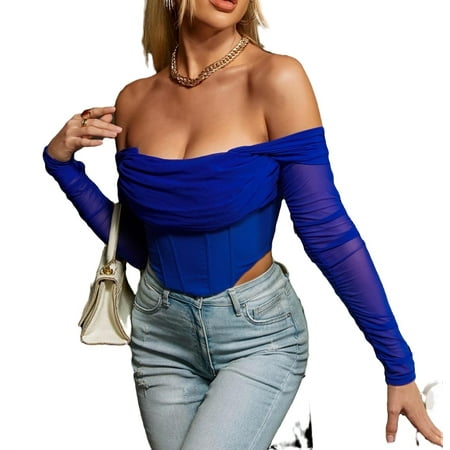 

Casual Off the Shoulder Mesh Corset Top Long Sleeve Royal Blue Women s Tops (Women s)
