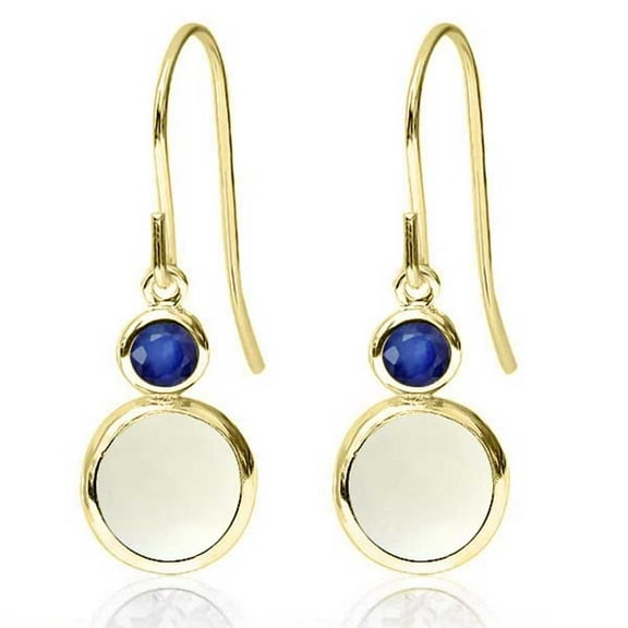 Gem Stone King 14K Yellow Gold White Simulated Opal and Blue Sapphire Drop Dangle Earrings for Women (0.86 Cttw, Gemstone October Birthstone, Round Cabochon 6MM and 3MM)