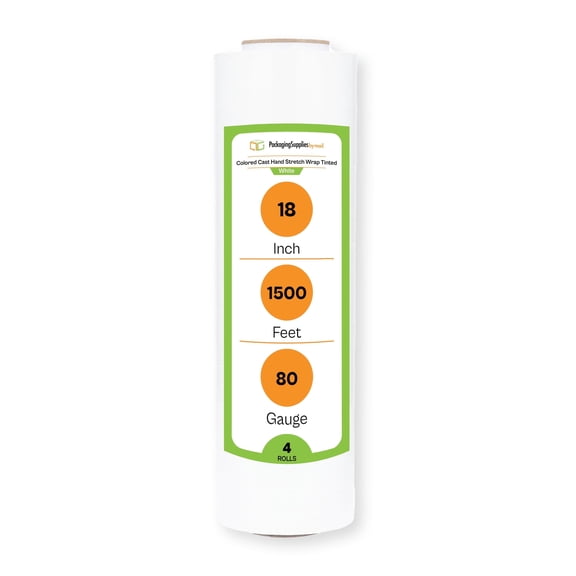 PSBM White Hand Stretch Wrap 18" x 1500' 4 Rolls 80 Gauge Tinted Film for Pallet Wrapping and Packing