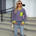 thumbnail image 4 of Camisas de Larga para Mujer, Cuello Redondo A Rayas, Corte Holgado, Camiseta de Bloques de Color Otoño 2025 con Bolsillo Tiras de Color Verde Rosa M, 4 of 10