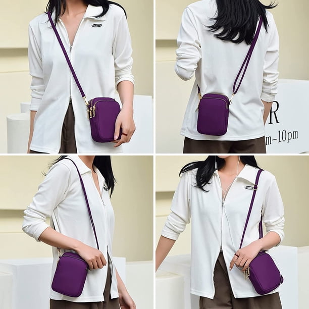 YONBEN PU Leather Mini Crossbody Bag - Cell Phone Purse With Zipper, Adjustable Strap (Sandy/Anemone Purple)