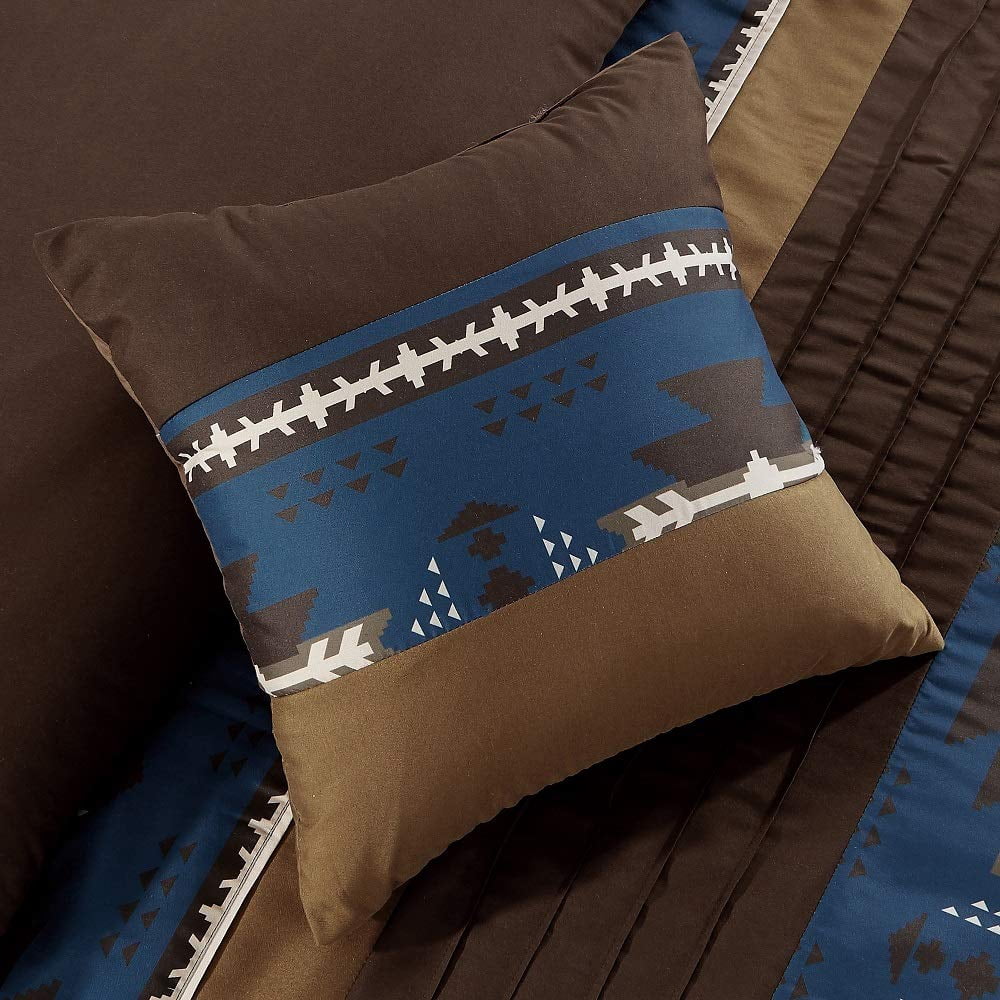 7 Piece Western Southwestern Design Comforter Set Multicolor NAVY Coffee Brown Embroidered KING Size Bed in a Bag Bedding Set- Makala