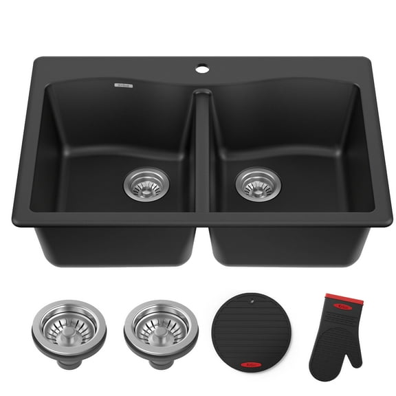 KRAUS Forteza 33” Drop In / Undermount 50/50 Double Bowl Granite Kitchen Sink in Black