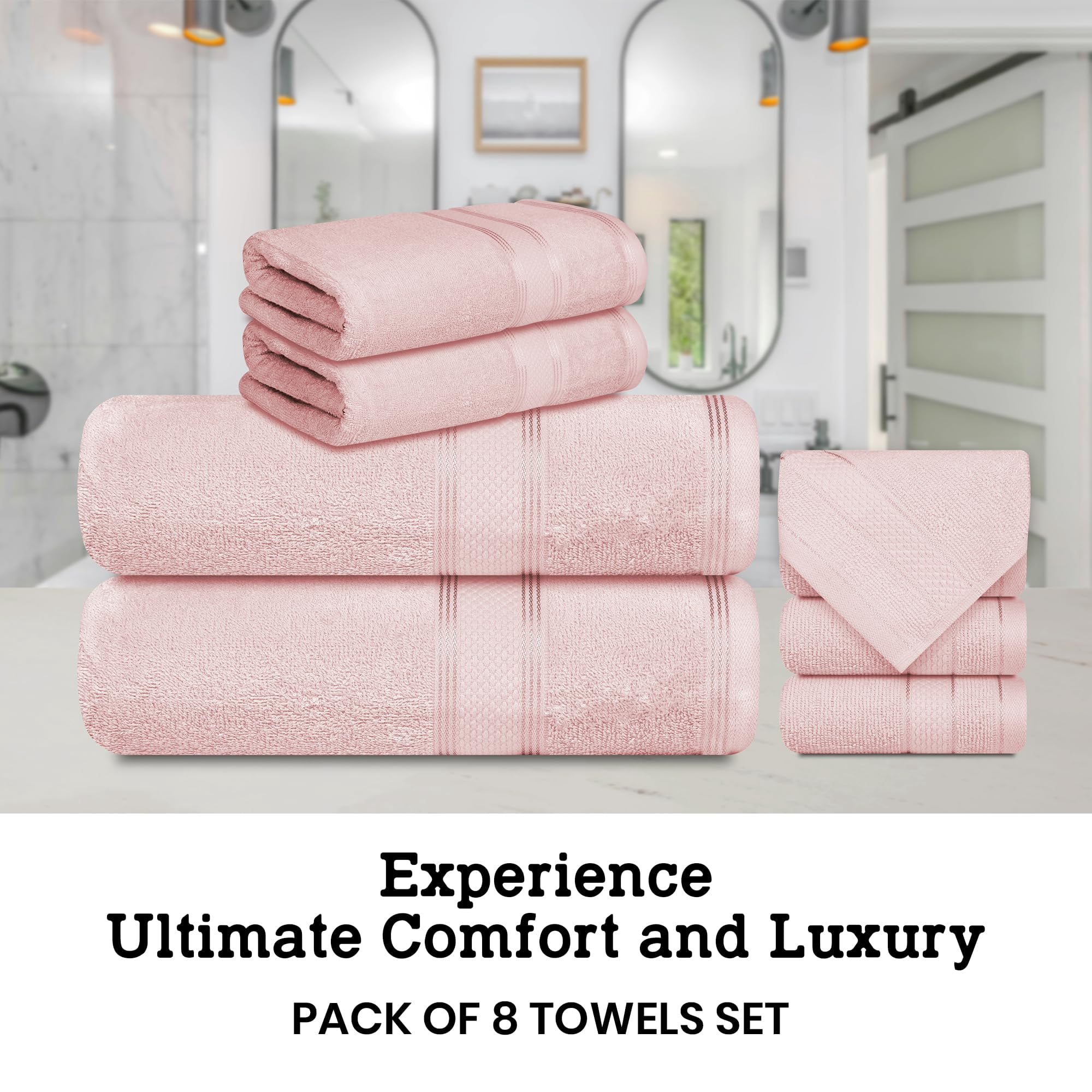 Casa Lino 8Pc Premium Bath Towel Set (2 Bath Towels, 4 Washcloths, 2 Hand Towels) - 100% Cotton, 400GSM & Ultra Absorbent (Blush)