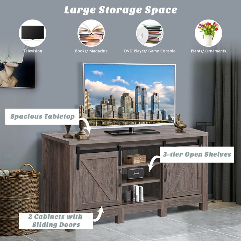 Finihen TV Stand, TV Cabinet, 55 Inch TV Sliding Barn Door Entertainment Center with Adjustable Shelves, Media Entertainment Center with Storage, for Living Room, Bedroom, Brown