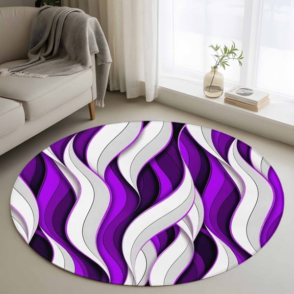 Round Rug 4Ft Washable Non-Slip, Purple White Moire Circle Area Rugs for Living Room Bedroom, Modern Abstract Art Indoor Floor Mats Carpet Runner for Home Decor Aesthetic