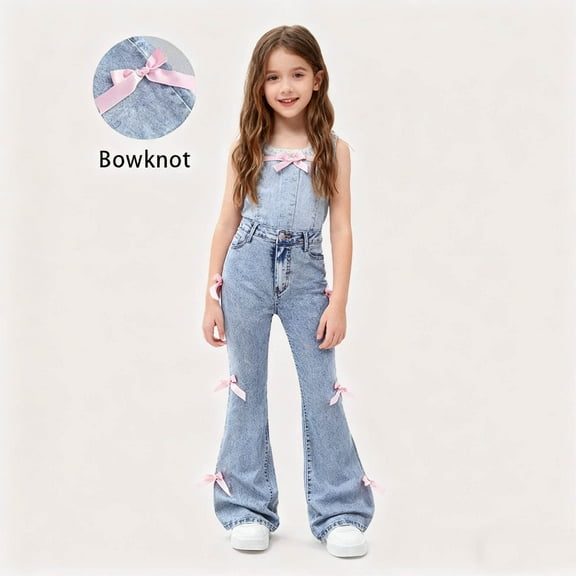 MKOSPLRT Girls Jeans Flare Bell Bottom Bow Jeans for Teen High Waist Cute Y2K Stretch Tween Denim Pants with Pocket 6-13Y