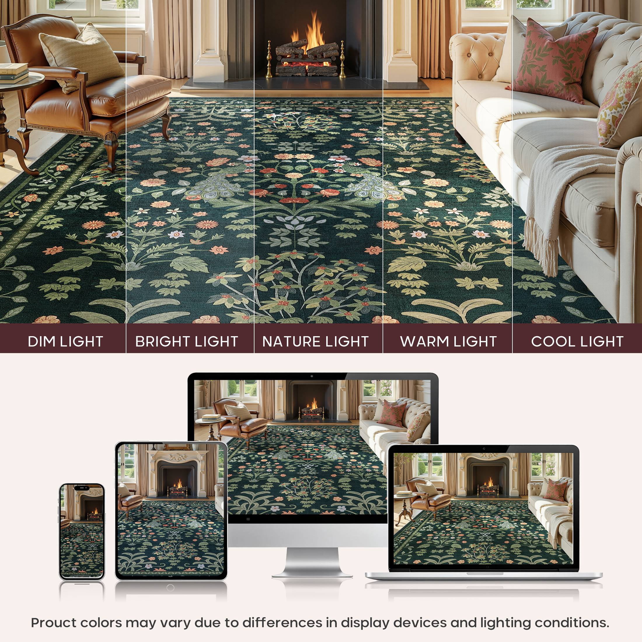 Micgeek Boho 9x12 Area Rugs for Living Room, Floral Non-Slip Washable Rug for Bedroom Home Decor Carpet, Farmhouse Dining Room Office Large Rugs, Dark Green