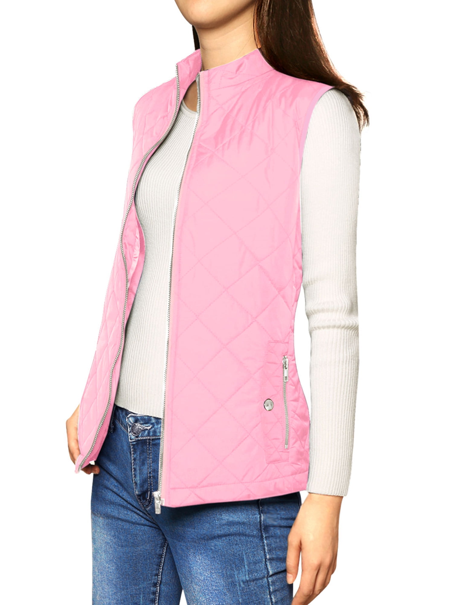 DARING DIVA Women's Zip Stand Collar Quilted Padded Vest S Pink