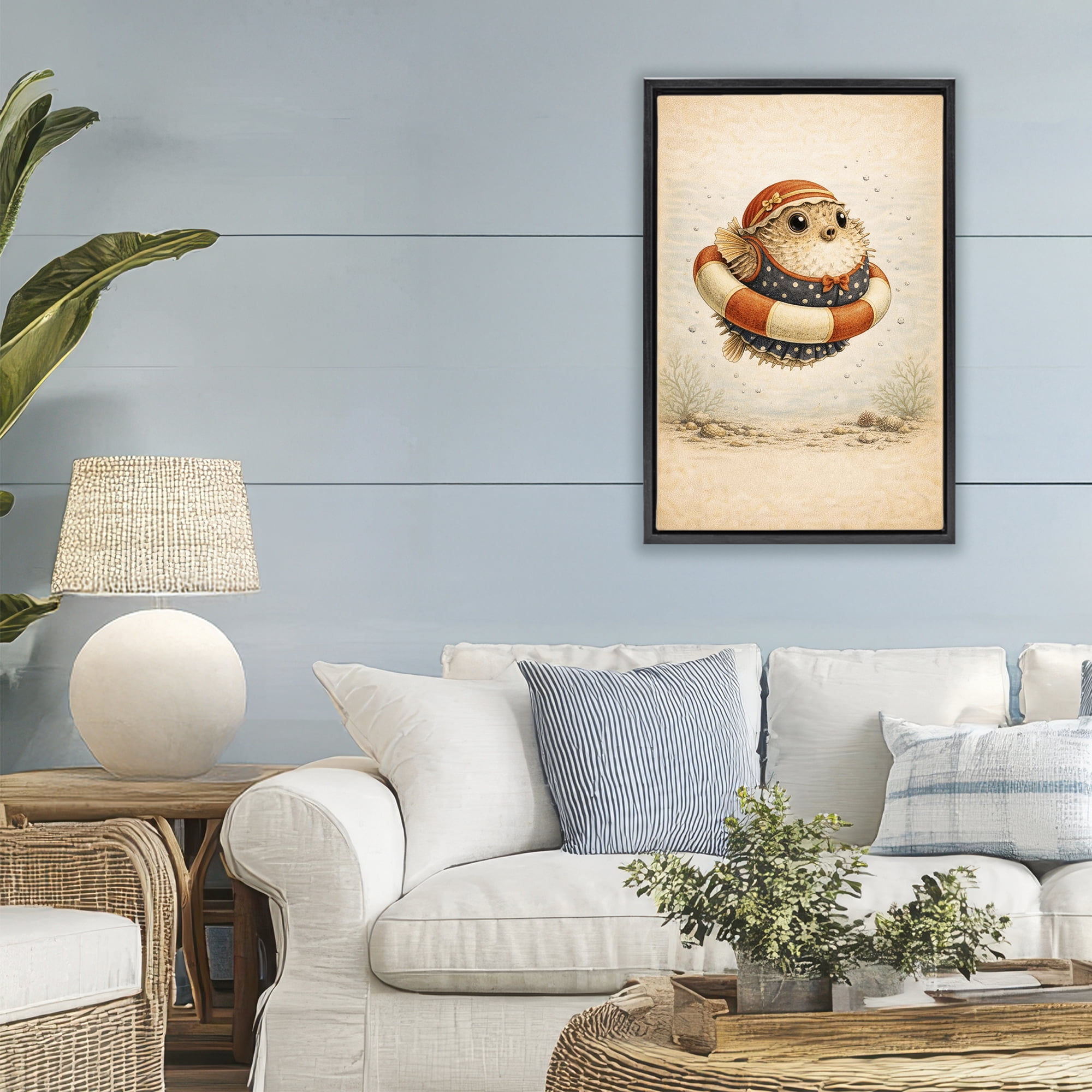 Stupell Industries Pufferfish Of Maritime Bathing Society Black Framed Floater Canvas Wall Art, design by Grotto Studios