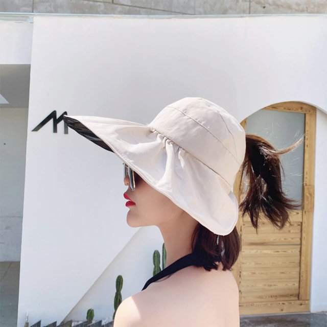 Sombreros Sombreros para el sol para damas Sombrero grande de ala ancha con cola de caballo (beige)