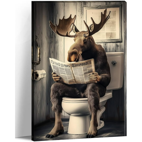 AVOI Funny Moose Bathroom Canvas Wall Art Farmhouse Wild Animal Prints Painting Moose in Toilet Picture Modern Artwork for Home Wall Decor(Art-1) Frame: 8x10in
