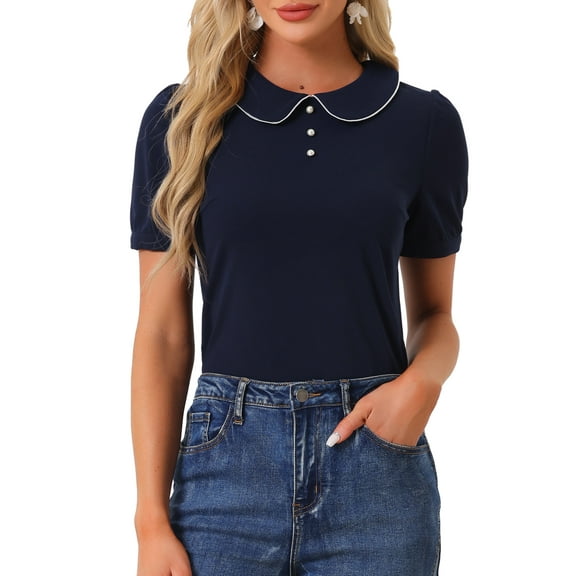 Unique Bargains Women's Peter Pan Collar Contrast Trim Puff Sleeve Blouse Top XL Navy Blue
