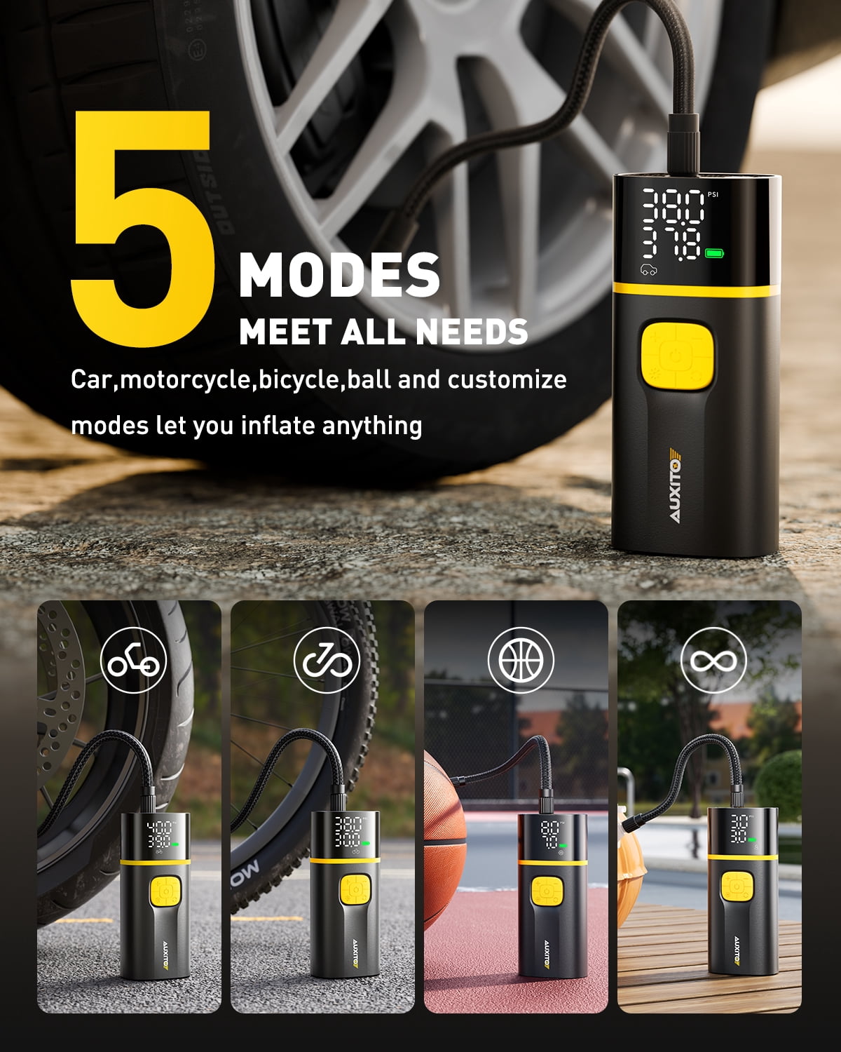 AUXITO Tire Inflator Cordless Portable Air Compressor, 150PSI Air Pump for Car Tires with Digital Pressure Gauge, 25000 mAH Rechargeable Battery, Emergency LED Light for Car Motorcycle Bike Ball