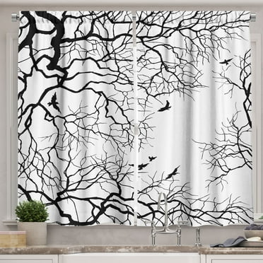 Ambesonne Nature Kitchen Curtains, Twiggy Tree Branches, 55"x39", Black and White