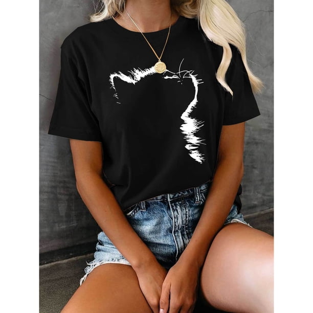 Camiseta casual de manga corta con estampado de gato