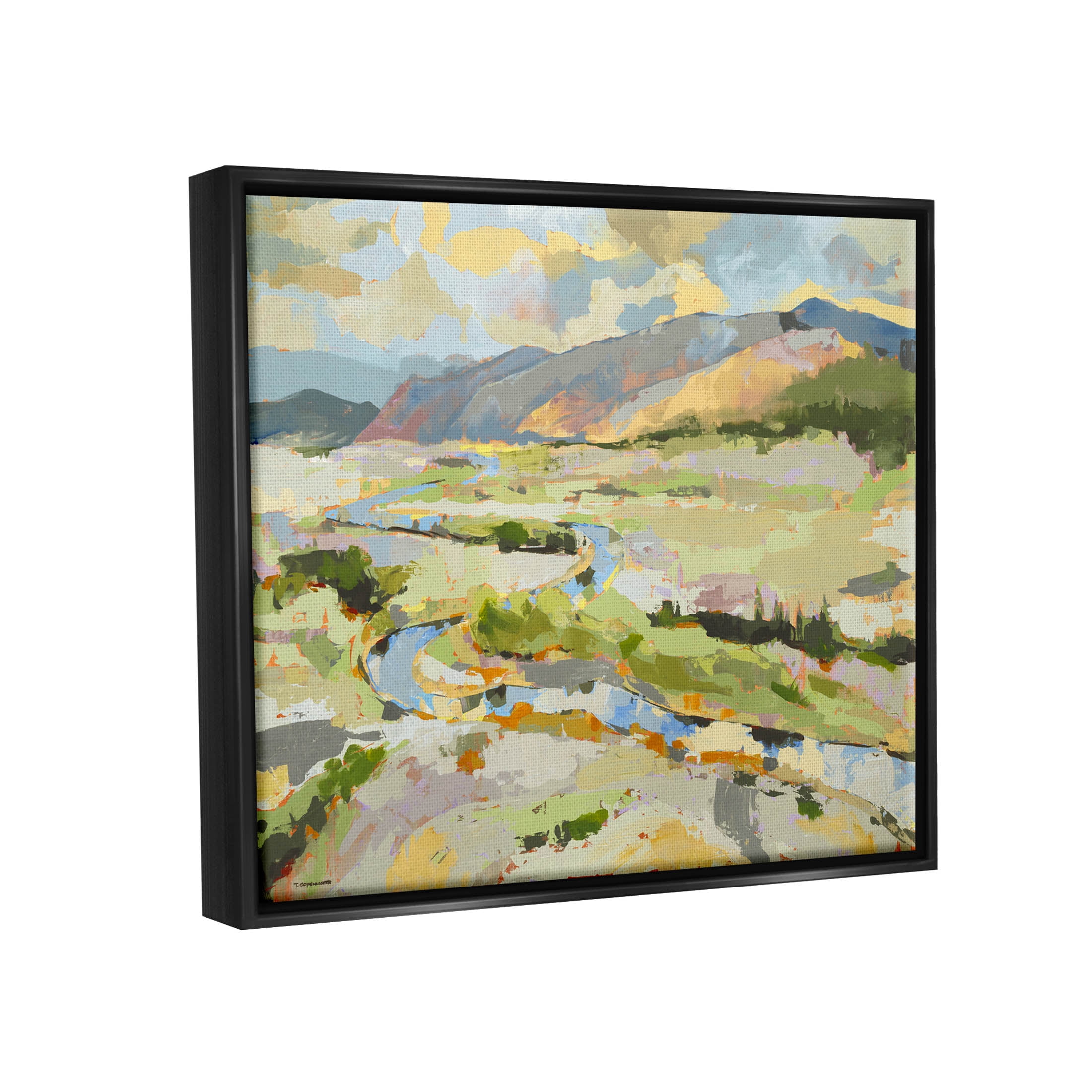 Lush Green Mountain Landscape Abstract Painting Jet Black Framed Art Print Wall Art
