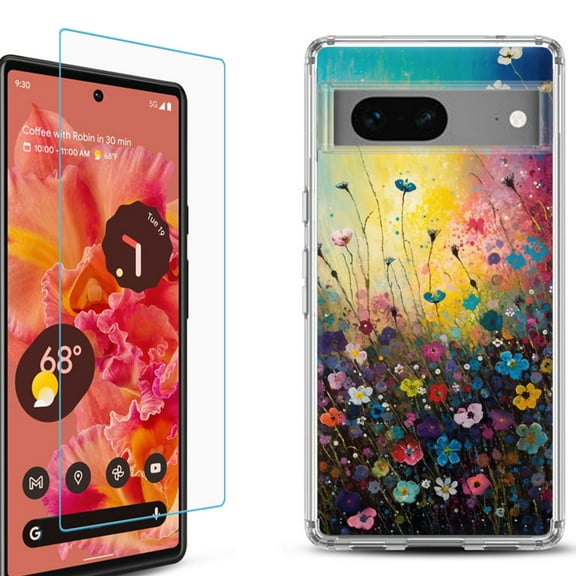 OneToughShield ® for Google Pixel 7a Shockproof Bumper Phone Case, with Tempered Glass Screen Protector - Flower Field