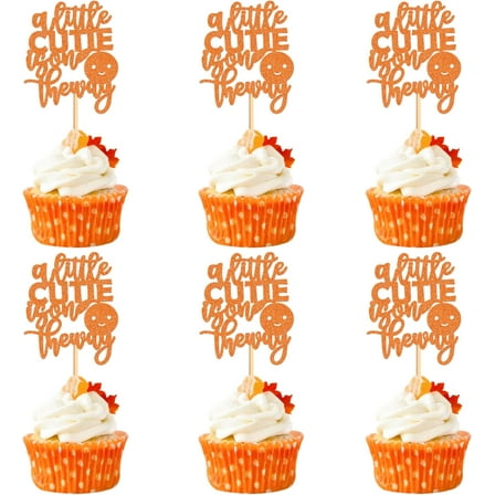 10pcs Baby Shower Cupcake Toppers Picks Orange A Little Cutie is on the Way Party Cake Decoration Baby Birthday Party Theme Decor Supplies