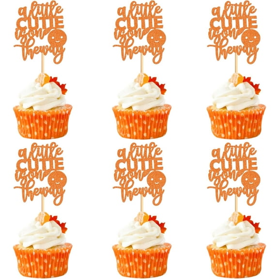 10pcs Baby Shower Cupcake Toppers Picks Orange A Little Cutie is on the Way Party Cake Decoration Baby Birthday Party Theme Decor Supplies