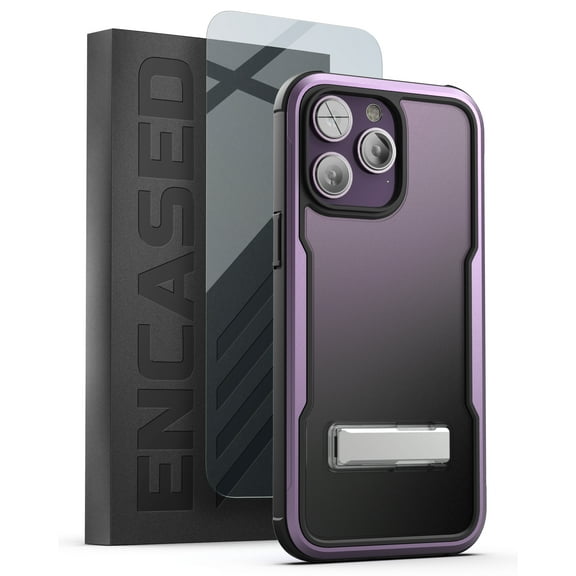 Encased Exos Armor Designed for iPhone 14 Pro Case with Stand and Screen Protector (Aluminum Metal Frame and Kickstand) Purple