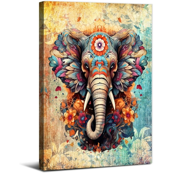 AIR-India Elephant Wall Art Living Room Zen Wall Decor Abstract Boho Mandala Canvas Prints Vintage African Animal Poster Flower Picture Painting Artwork for Office Bathroom Bedroom Home Decorations 2