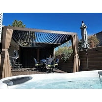 Domi Outdoor Louvered Pergola 12'×16', Aluminium Pergola with Adjustable Roof, Curtains and Netting, Hardtop Gazebo for Patio, Deck, Garden, Yard, Beach(Brown)