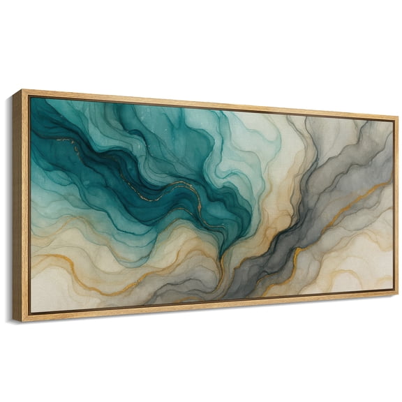 Large Framed Canvas Wall Art Blue Abstract Waves Print for Modern Living Room Decoration - 60"x30" Natural Framed
