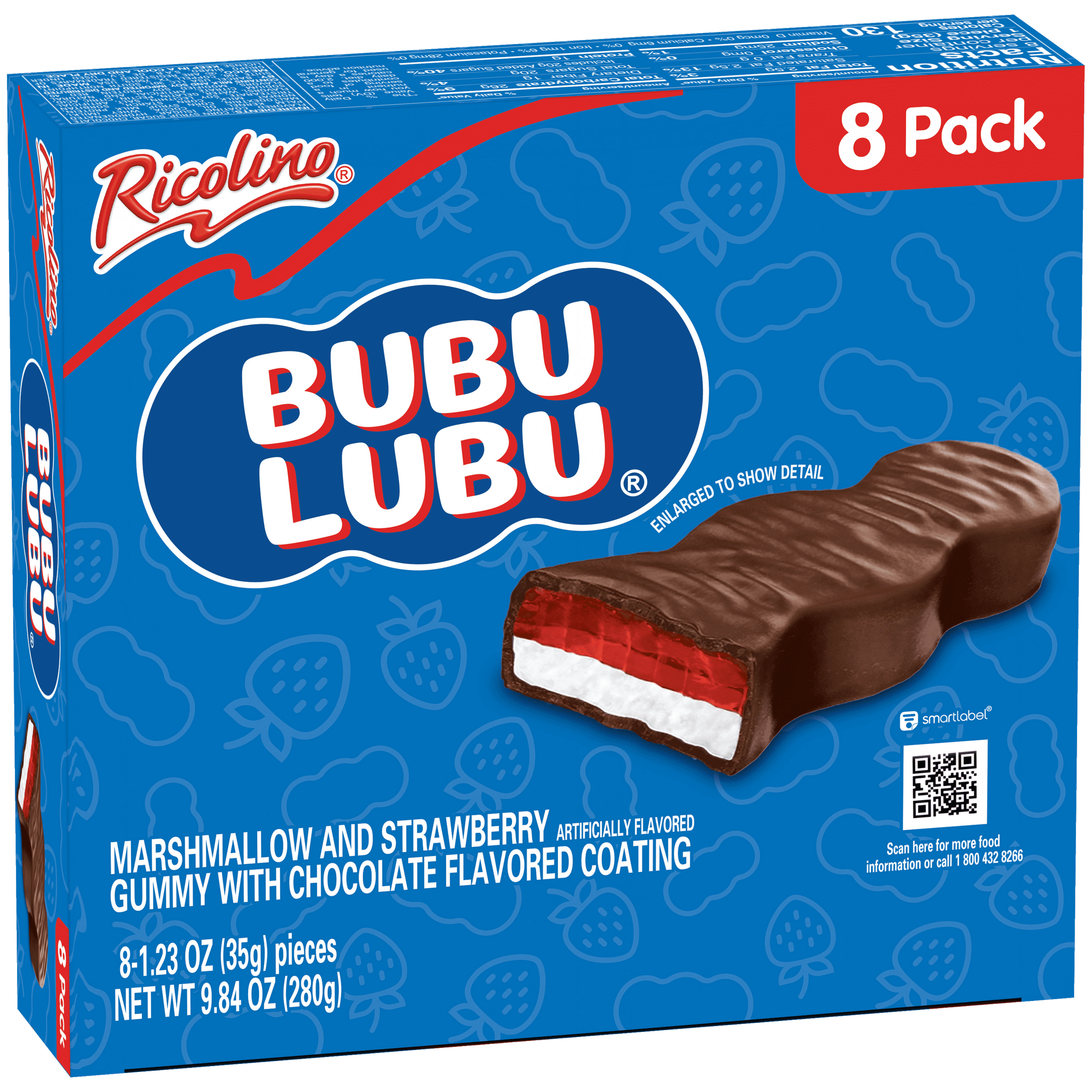 (4 pack) Ricolino Bubulubu Chocolate Strawberry Gummy and Marshmallow Candy, 8 Count Bag