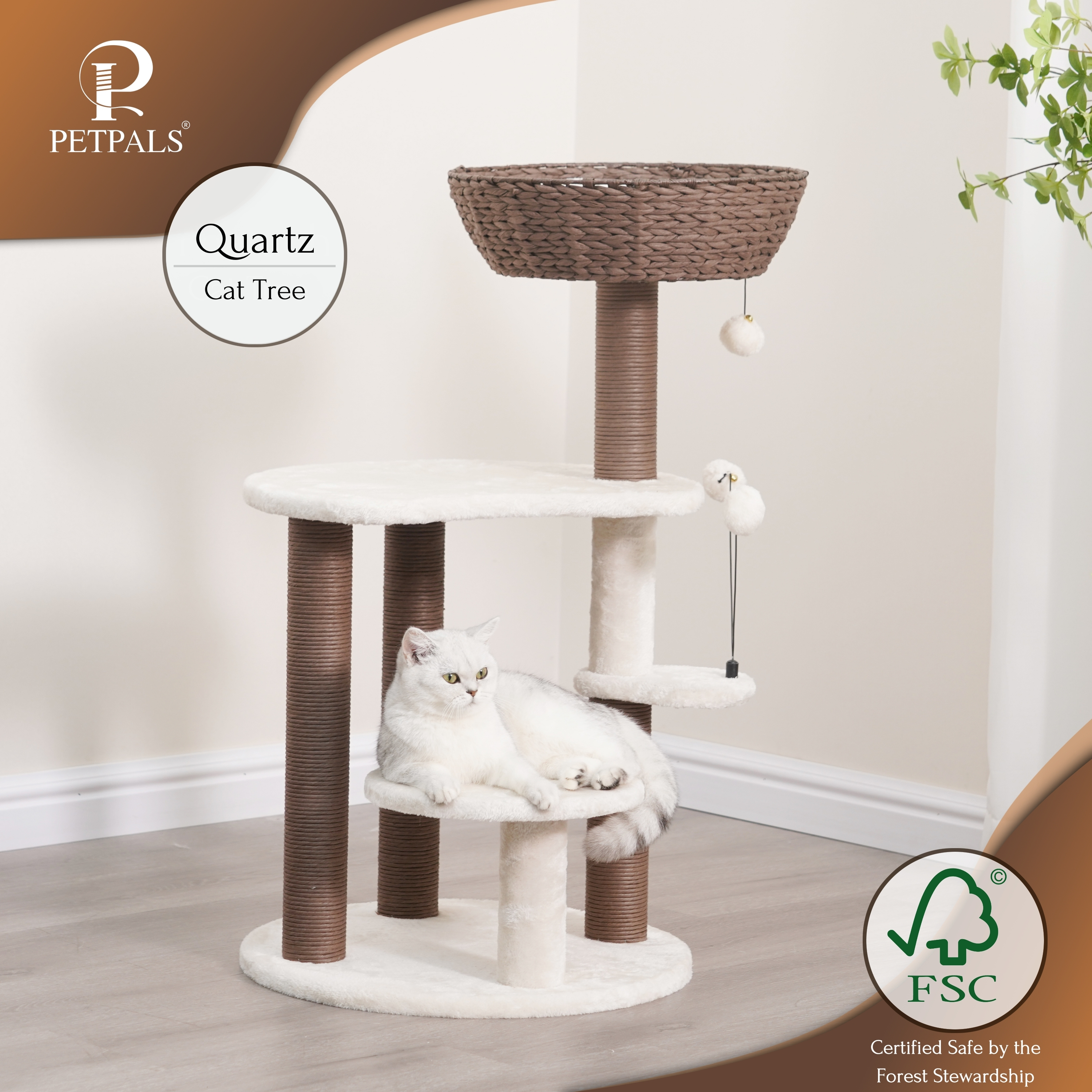 PetPals 35"H 5-Lvl Cat Tree with Handwoven Nest Bed Plush Pads and Paper Rope Scratching Posts