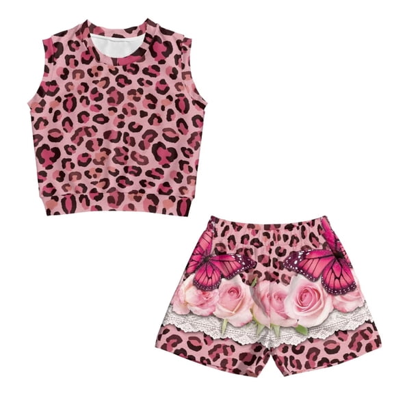 chaqlin Rose Butterfly Leopard Print Girls 2 Piece Summer Outfits, Sleeveless Round Neck Tee Elastic Waist Biker Shorts for Kids Casual Wear