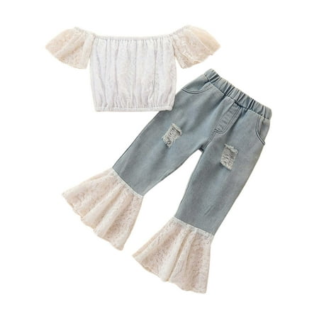 

elfinBE Baby Girl Toddler Child Slash Neck Lace Top And Denim Flared Jeans 2PCs Outfits Set 12-24M 2-5T