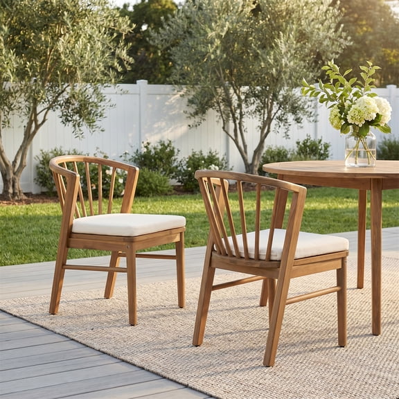 Dining Chairs Set of 2, Outdoor Acacia Wood Chairs with Cream Washable Cushion for Backyard, Teak