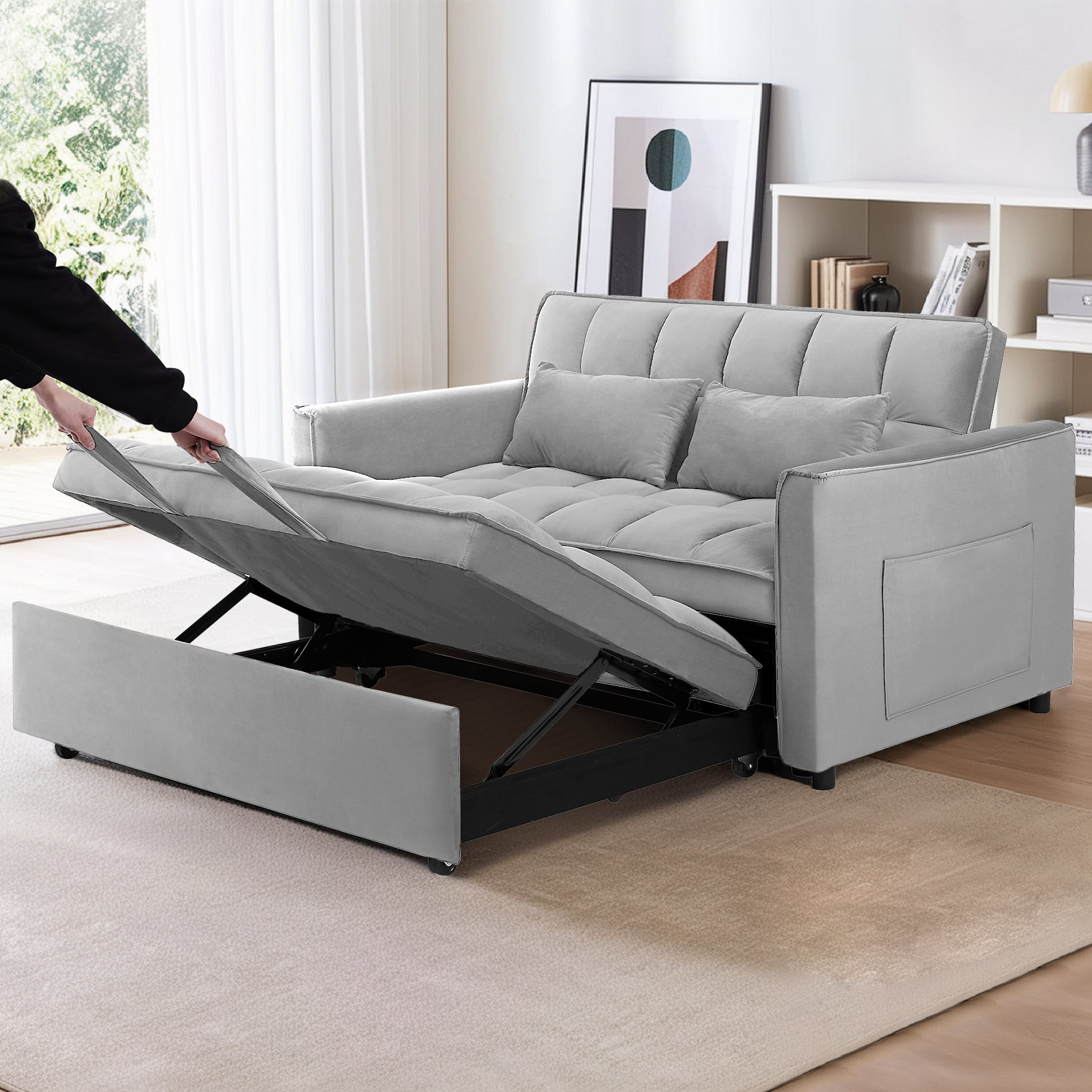Howcool Convertible Sofa Bed, 3-in-1 Modern Velvet Pull-Out Couch with Side Storage Pocket and Adjustable Backrest, Gray