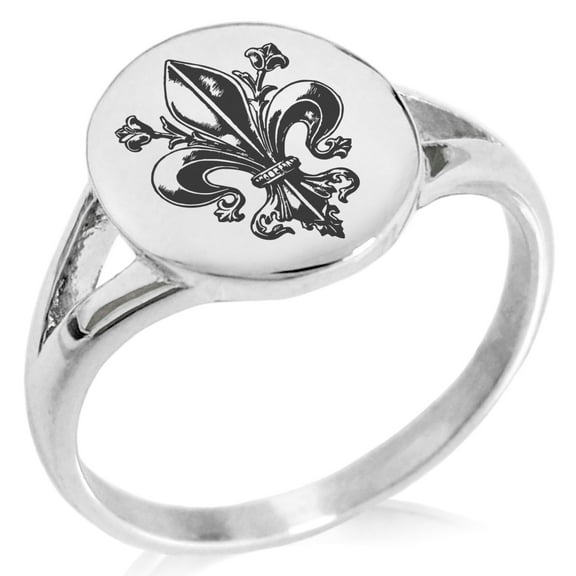 Stainless Steel Antiue Fleur De Lis Minimalist Oval Top Polished Statement Signet Ring
