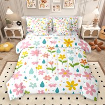 Manfei Cute Flower Floral 7 Pieces Bedding Comforter Set,Multicolor Polka Dots Full Bedding Set,Pink Yellow White Fitted Sheet Flat Sheet For Girls,Luxury Bedroom Decor Reversible