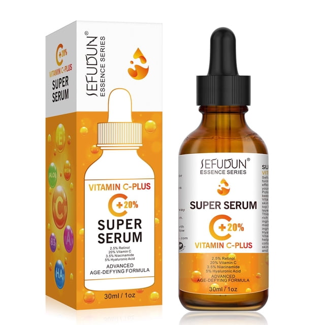 suero facial de vitamina c al 20 % de primera calidad con ácido hialurónico (30 ml), suero facial antienvejecimiento y antiarrugas — Botella de vidrio ámbar de 30 ml con gotero negro y etiqueta blanca y naranja que indica "SUPER SERUM" y "20% Vitamin C", junto a su caja con gráficos de burbujas; fondo blanco, pensada para la rutina facial diaria y adecuada para llevar en viajes por su tamaño compacto.