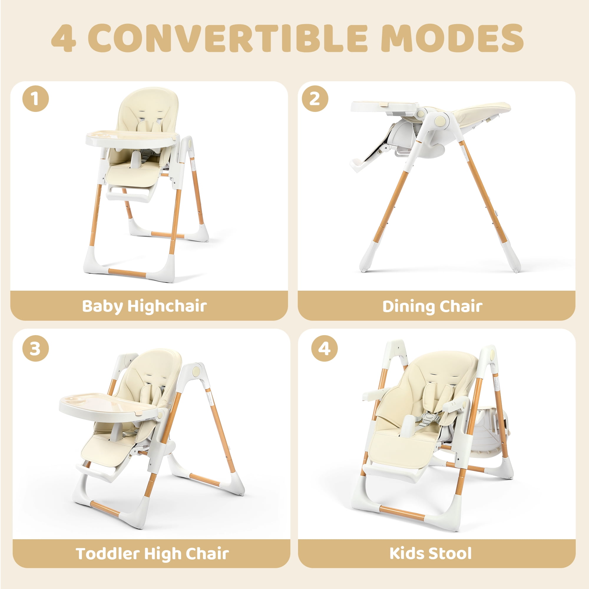 AILEEKISS Foldable High Chair for Baby, Toddler Eating Chair with Detachable Double Trays, Natural Beige